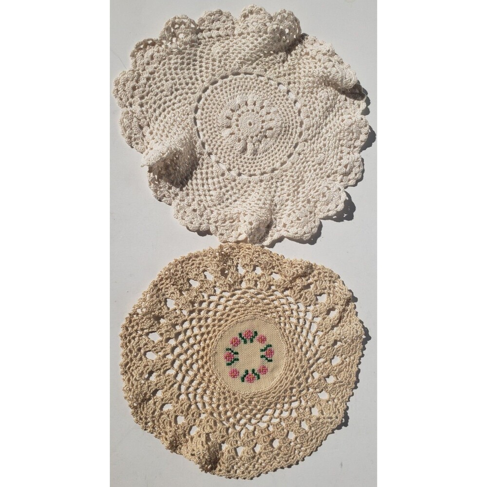 Vintage Hand Crocheted Cotton Doilies x2 Ivory & Tan Round Floral Scalloped Edge